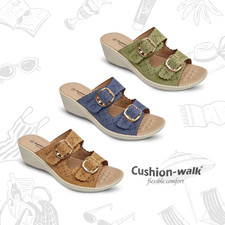 Womens X-Wide Fit Sandals Wedge Twin Buckle Cushion Walk Slip On Mule Comfort