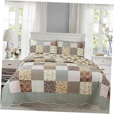 Country Floral Chic Scalloped Patchwork Cotton 3-Piece Size Quilt Bedding King