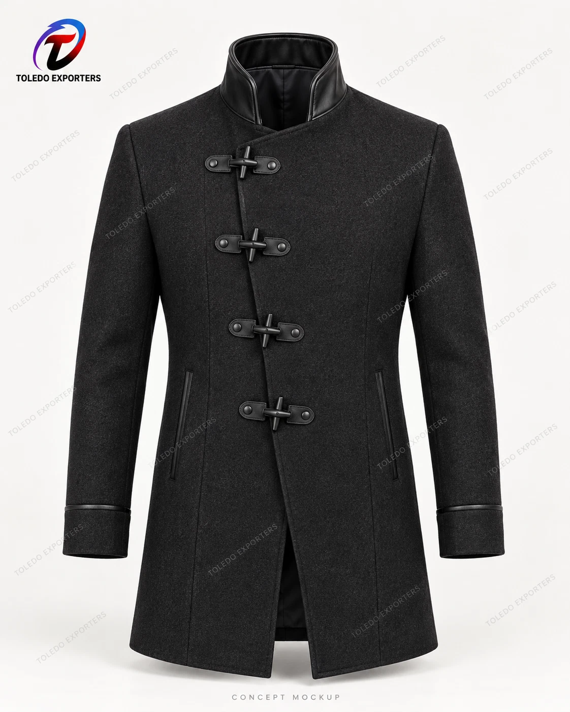 Men’s Black Gothic High-Collar Coat with Toggle Fastenings and Asymmetric Front image 1