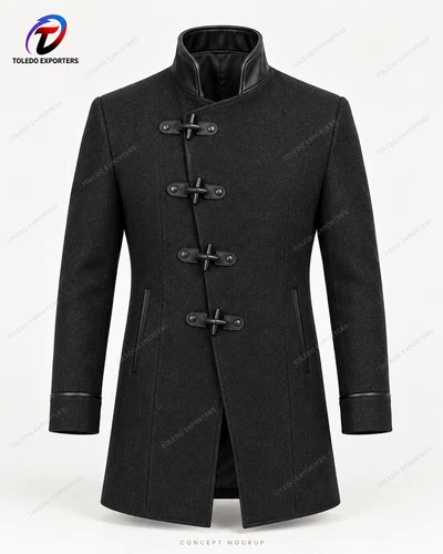 Men’s Black Gothic High-Collar Coat with Toggle Fastenings and Asymmetric Front - product listing photo