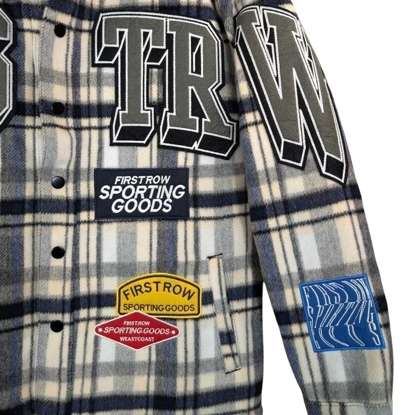 First Row Sporting Goods Plaid Varsity Patch Shirt Jacket Mens M Streetwear image 4