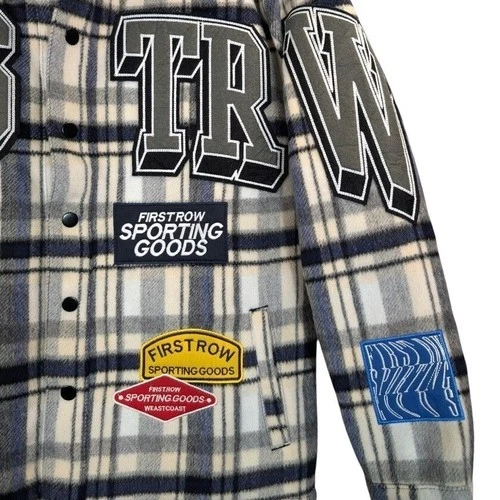 First Row Sporting Goods Plaid Varsity Patch Shirt Jacket Mens M Streetwear image 4