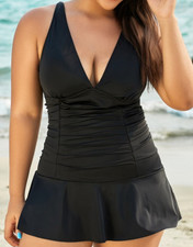 NWT MeetCurve Black Shirred V-Neck Elegant Lady Mini Swimdress 3XL Plus Size
