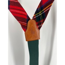 Polo Ralph Lauren Mens Red Plaid Tartan Leather Button Suspenders Braces Y-Back