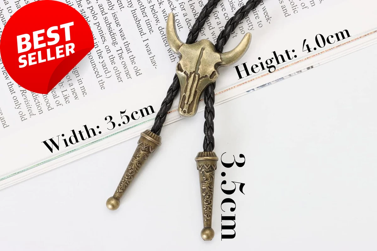 Western Vintage Bolo Tie for Men Cow Skull Design Black Leather Cowboy Necktie