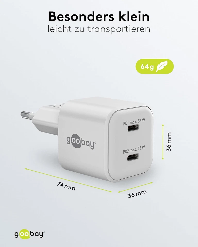 USB-C™ PD Gan - Caricatore Doppio Rapido Nano 35 W, Bianco, Alimentatore a 2 Por - Immagine 2 di 4