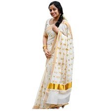 TBS Women's Kerala Kasavu Onam Saree Golden Malayalam Alphabet Embroidery Sari