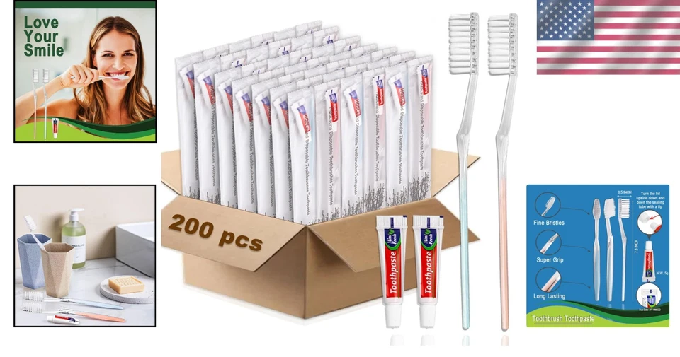 HQSL Sund 200 Pack Travel Toothbrushes with Toothpaste - Disposable Convenience - Image 2 of 4