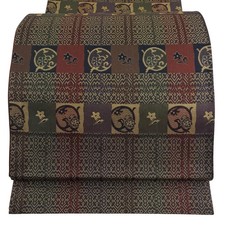 Japanese Silk Fukuro obi Dark brown Grass and flowers Geometry Excellent Zentsu