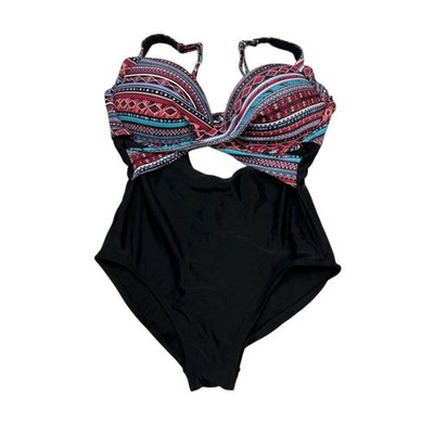 Swimsuits For All Black Aztec Print Cut Out Strappy One Piece Size 14 Vacation