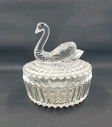 Vintage Jeanette Round Clear Glass Swan Lid Candy Jar / Powder Jar/ Trinket Box