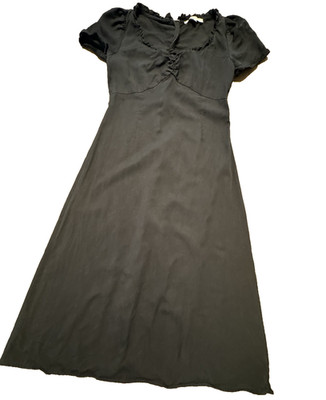Loft Black Puff Sleeve Midi Dress Ruffle Trim Size 6 Slit Lyocell Minimalist Zip