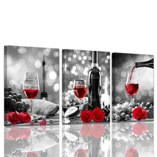 Wine Decor Kitchen Canvas Art Red Wine Rose Artwork for Home Walls Black and ...