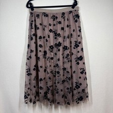 Floral Flocked Mesh Midi Skirt Taupe Black Large Elastic Waist Whimsigoth Fairy