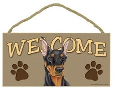 Welcome Doberman Blk Tan Cute Hanging Dog Sign 10x5 Great Gift Wood Plaque 921