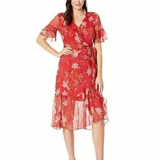Vince Camuto Red Floral Chiffon Ruffle Sleeve Belted Dress Size 14