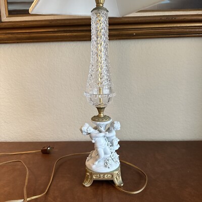 Auguste Moreau Porcelain, Bronze, Crystal Lamp Cherub Base