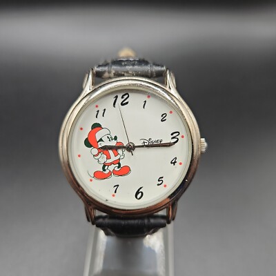 Disney Mickey Mouse Watch Christmas Unisex 35mm Black Leather Quartz New Batt