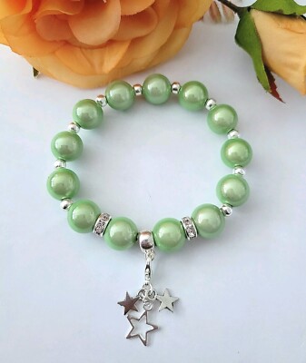 Sylvie's Magic Bead 3 D Perlen Armband hell grün silber 18 cm  handmade /0689