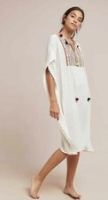 NWT Anthropologie Postmark Cover Up Kaftan Ivory Embroidered Pom Pom Sz XS/S
