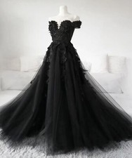 Black Gothic Lace Appliques Wedding Dresses Full-Length OffShoulder Bridal Gowns