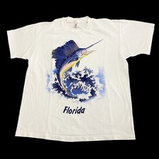 Vintage 90s T Shirt Single Stitch XL Sword Fish Florida Made In USA White