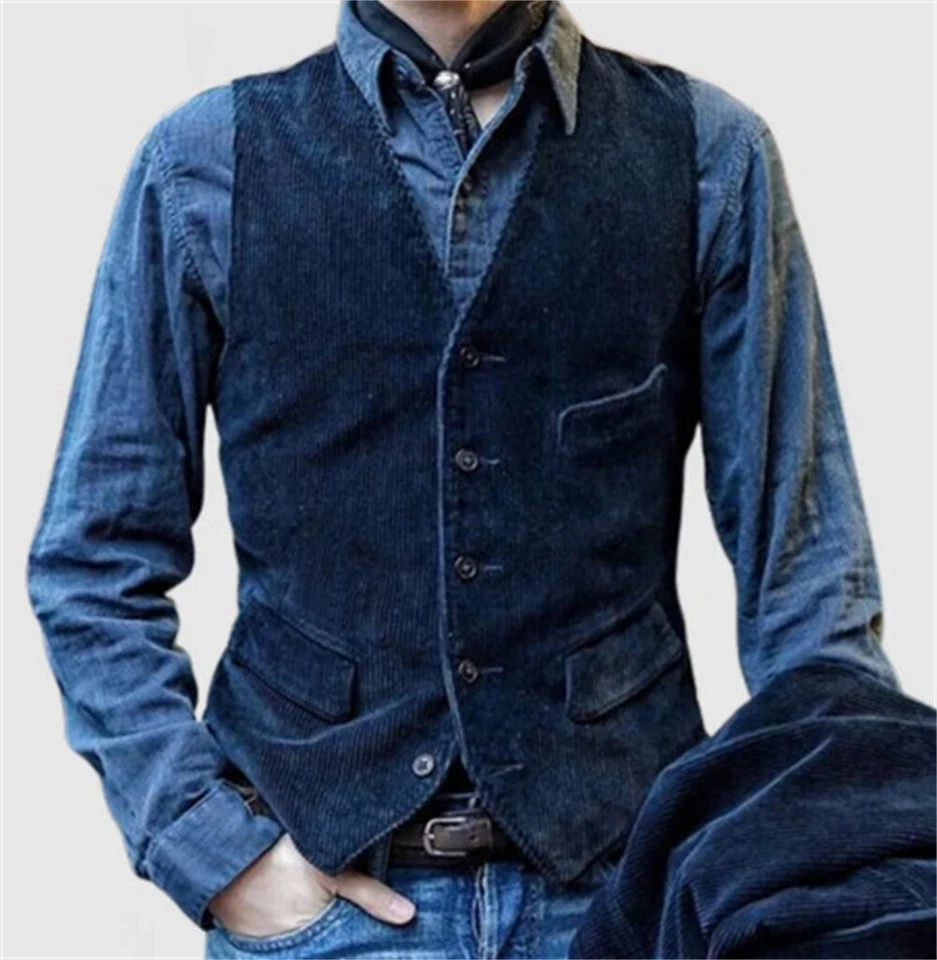 Men Corduroy Vest Dress Vest Slim Fit Button Down Prom Formal Suit Waistcoat - Image 3 of 4