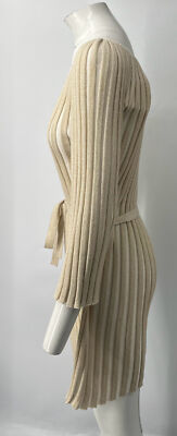 Alice + Olivia STAINED Gold/Off-White Ribbed Knit Belted Mini Dress sz S