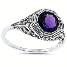 DECO ANTIQUE STYLE 925 STERLING SILVER LAB AMETHYST FILIGREE RING      068Z
