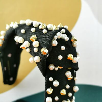 Lele Sadoughi white pearl Jet velvet Headband Gold stud NEW  display picture 3