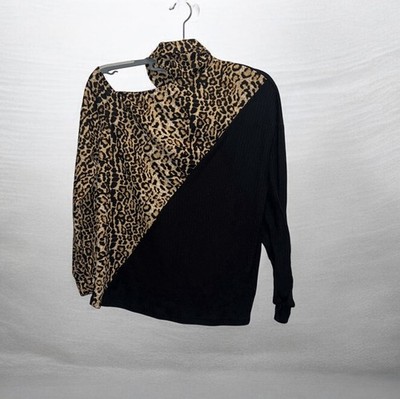 Shein Women s Turtleneck Cutout Leopard Colorblock Long Sleeve Blouse Size Med