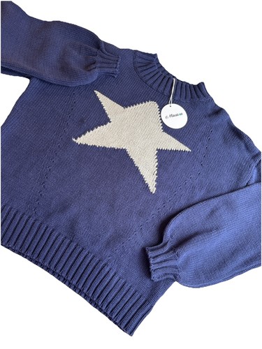 Macaron Oversized Chunky Navy Star Cotton Cropped Sweater NWT, Women’s Medium