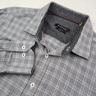 BUGATCHI Mens Gray Button Up Shirt Classic Fit Check Size Large Long Sleeve