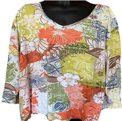 Parsley & Sage V Neck Asian Print Cropped Top 1X  Sequins  Art To Wear