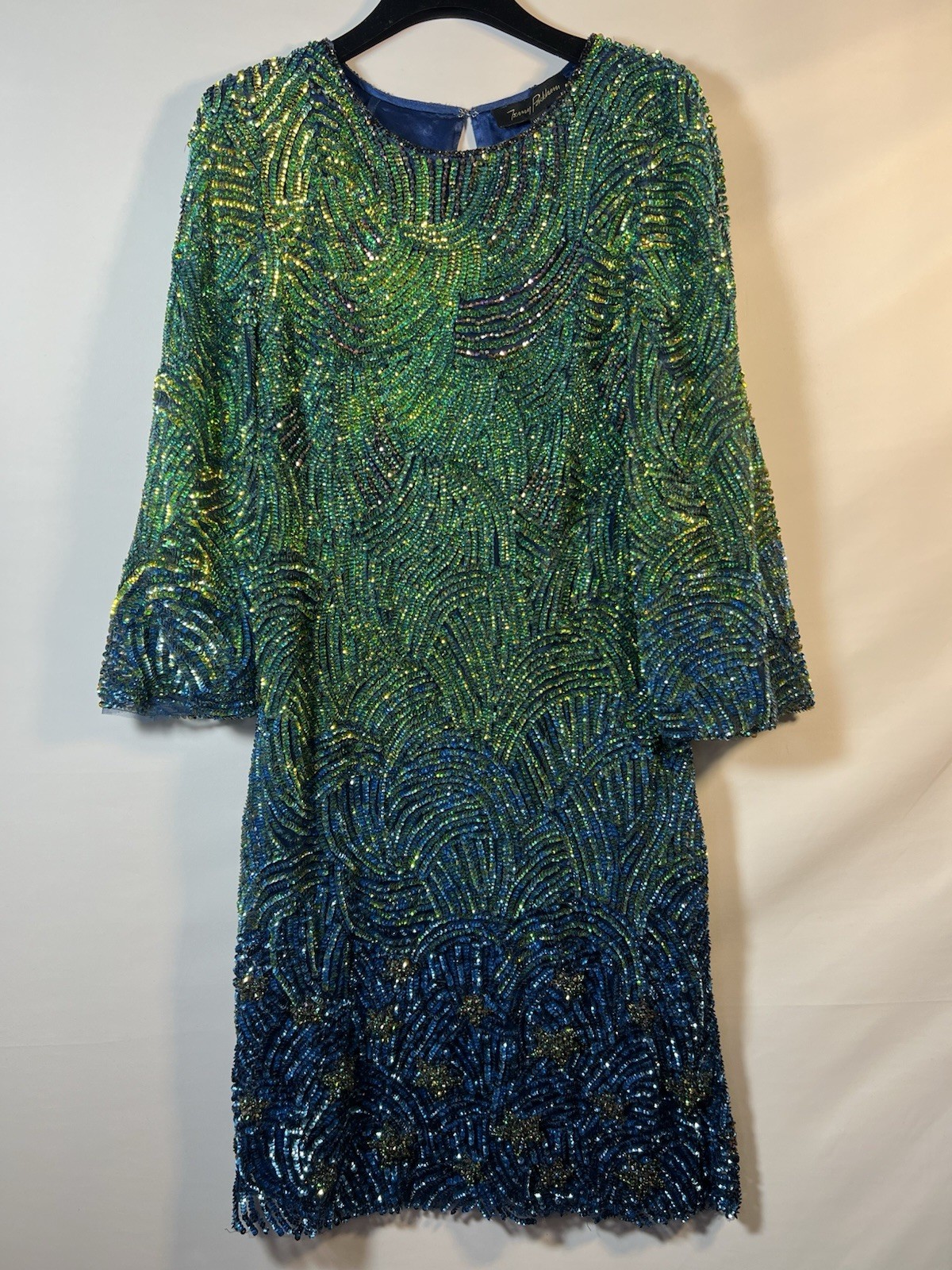 Very Rare Jenny Packham blue green embellished mini dress UK10 runs smaller
