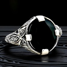 VINTAGE STYLE 3.3 Ct BLACK AGATE 925 SOLID STERLING SILVER FILIGREE RING  1087