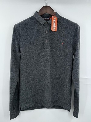 Superdry Premium City Polo Long Sleeve Shirt Large Vintage Dark Gray Grit NWT