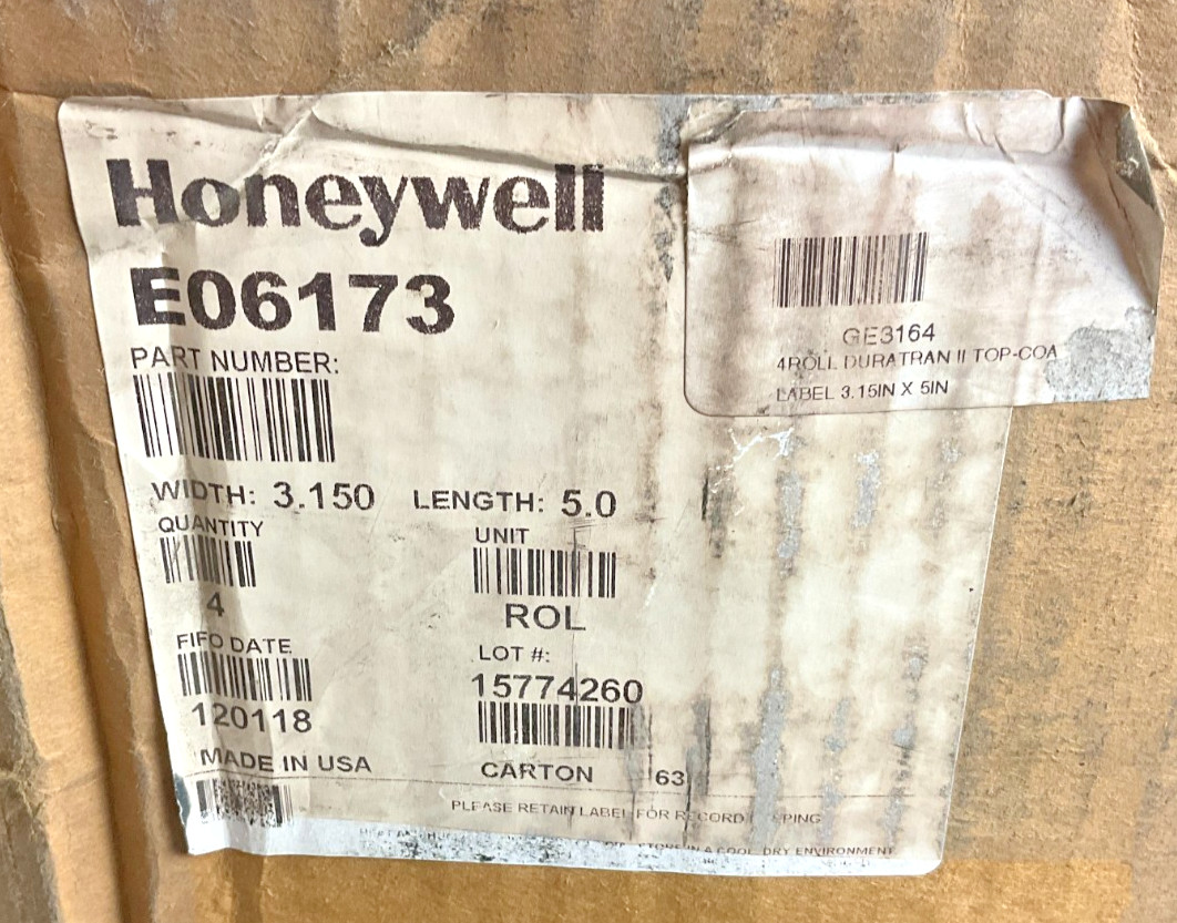 Honeywell Duratran II Thermal Labels 3.15"x5" - 1170 per roll 4 pack E06173