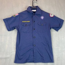 Vtg Boy Scouts of America Youth Medium Uniform Shirt Navy Short Sleeve Patches