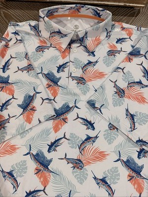 Scales Gear Mens 2XL Fishing Polo Shirt White Tropical Marlin Mahi Mahi Print