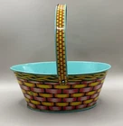 Vtg 50's J Chein Tin Litho Toy Easter Basket Teal Green Pink Yellow Basketweave