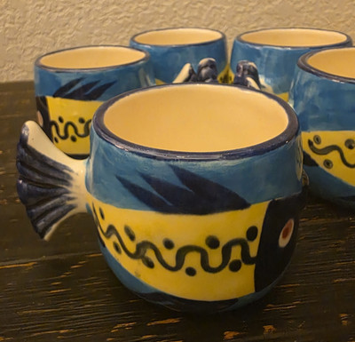 5 Talavera Pottery Handpainted Fish Mugs Unique Rare Folkart Coastal 8oz