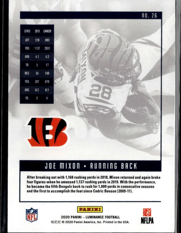 2020 Panini Luminance Gold #26 Joe Mixon Cincinnati Bengals /299 - Image 2 of 2