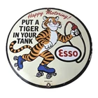 Vintage Tiger Esso Gasoline Sign - Gas Pump Service Station Tank Porcelain Sign