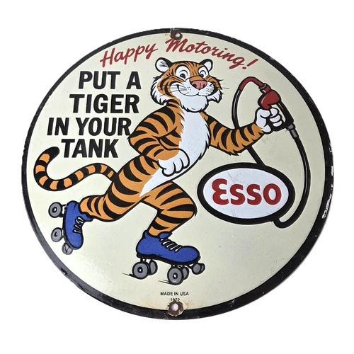 Vintage Tiger Esso Gasoline Sign - Gas Pump Service Station Tank Porcelain Sign