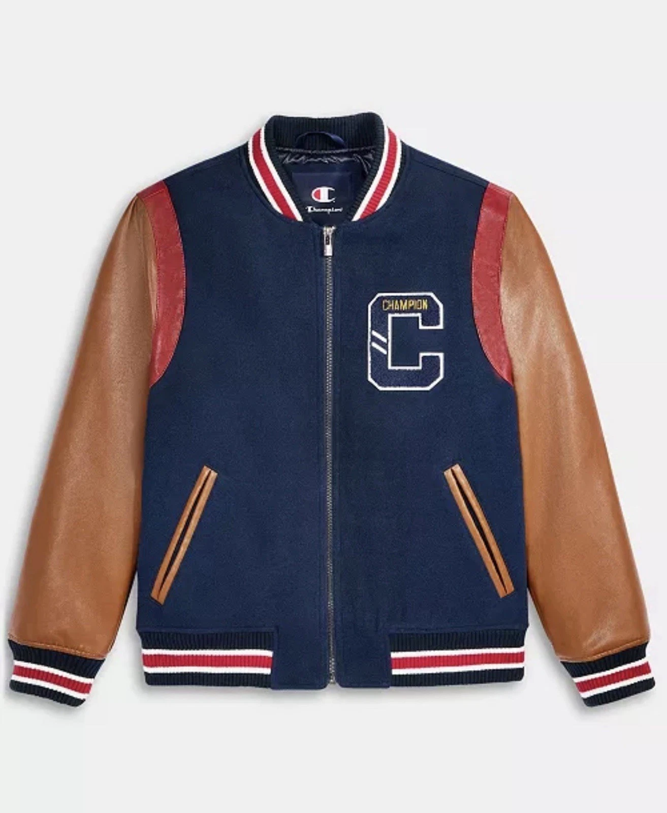 Champion Men's Mixed Media Varsity Bomber Jacket Navy Brown (LARGE) CH5RP290 🐅 image 16