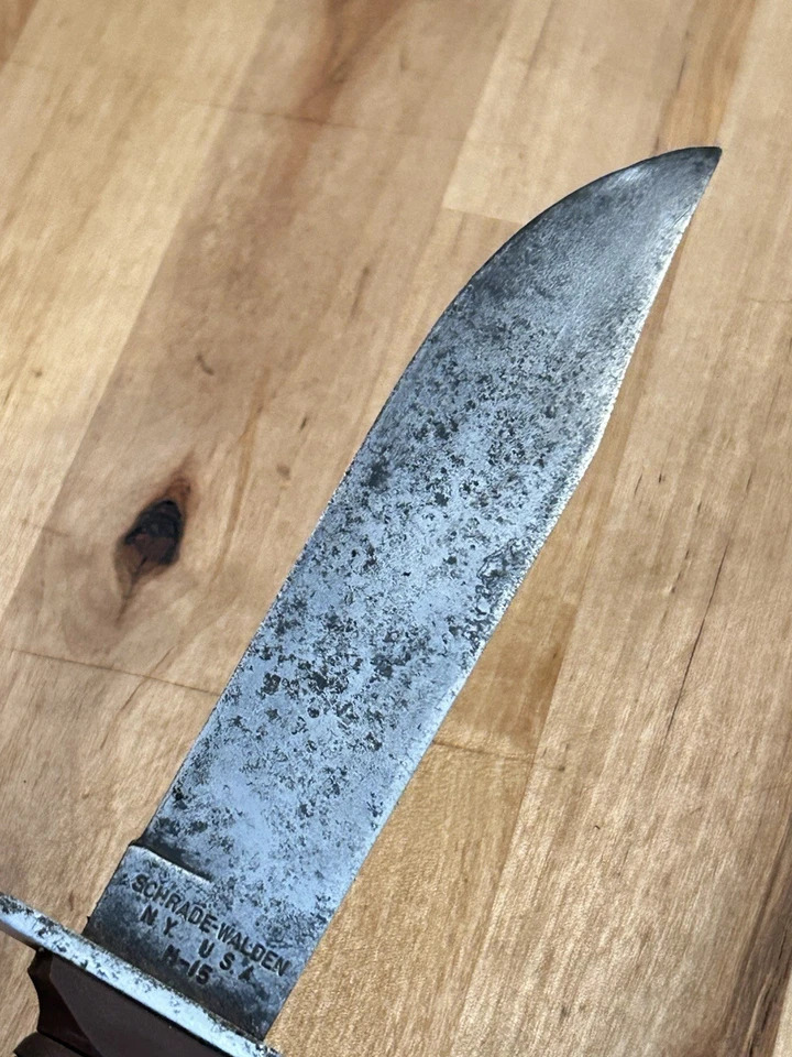 Cuchillo de hoja fija/vaina mango envolvente de cuero antiguo Schrade Walden NY EE. UU. H-15 de colección Foto 3 de 4