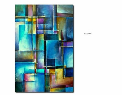 geometric abstract Mike Lang original painting stretched ready blue green earth
