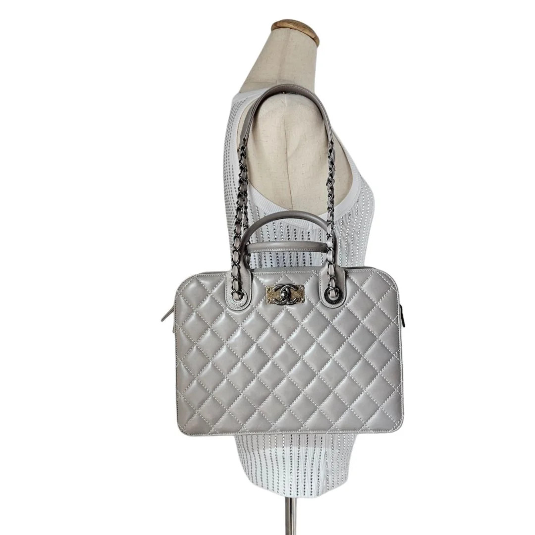 Chanel Grey Calfskin Oil Waxed Leather Briefcase Top Handle Chain Shoulder Bag image 10