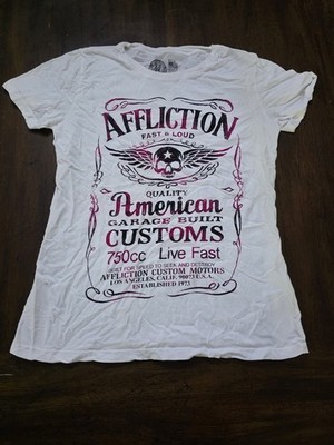 NWOT Affliction American Customs Garage 750cc Pink White Medium Women's Tee 082